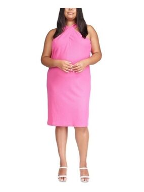 NWT Michael Kors 3X Pink Halter Midi Dress Ruched Neck Stretch Bodycon